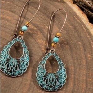 Boho turquoise copper teardrop long dangle beaded wire earrings fall cowgirl